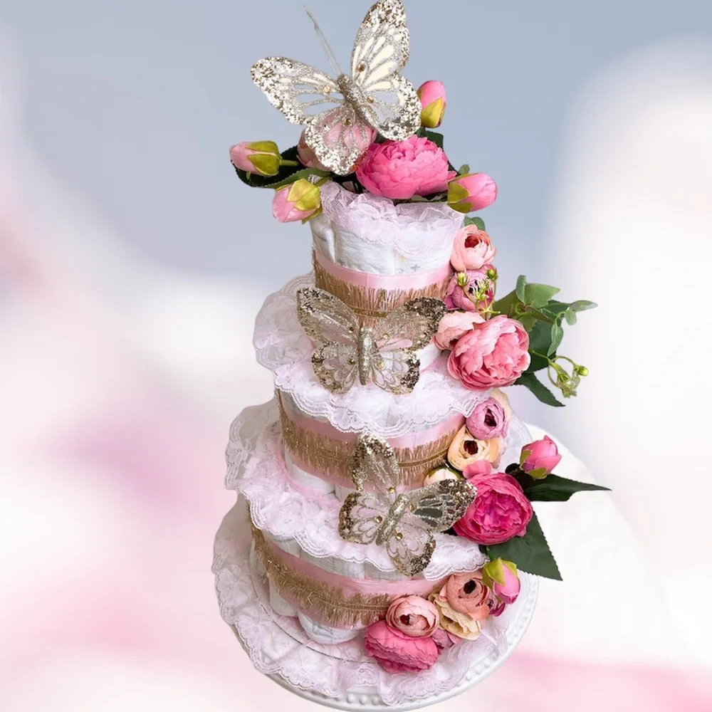Butterfly Diaper Cake, Peonies Diaper Cake